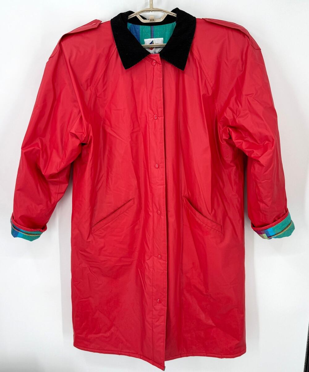 Misty Harbor Vintage Long Rain Coat Jacket Lined Plaid Corduroy Collar XL Y2K 90